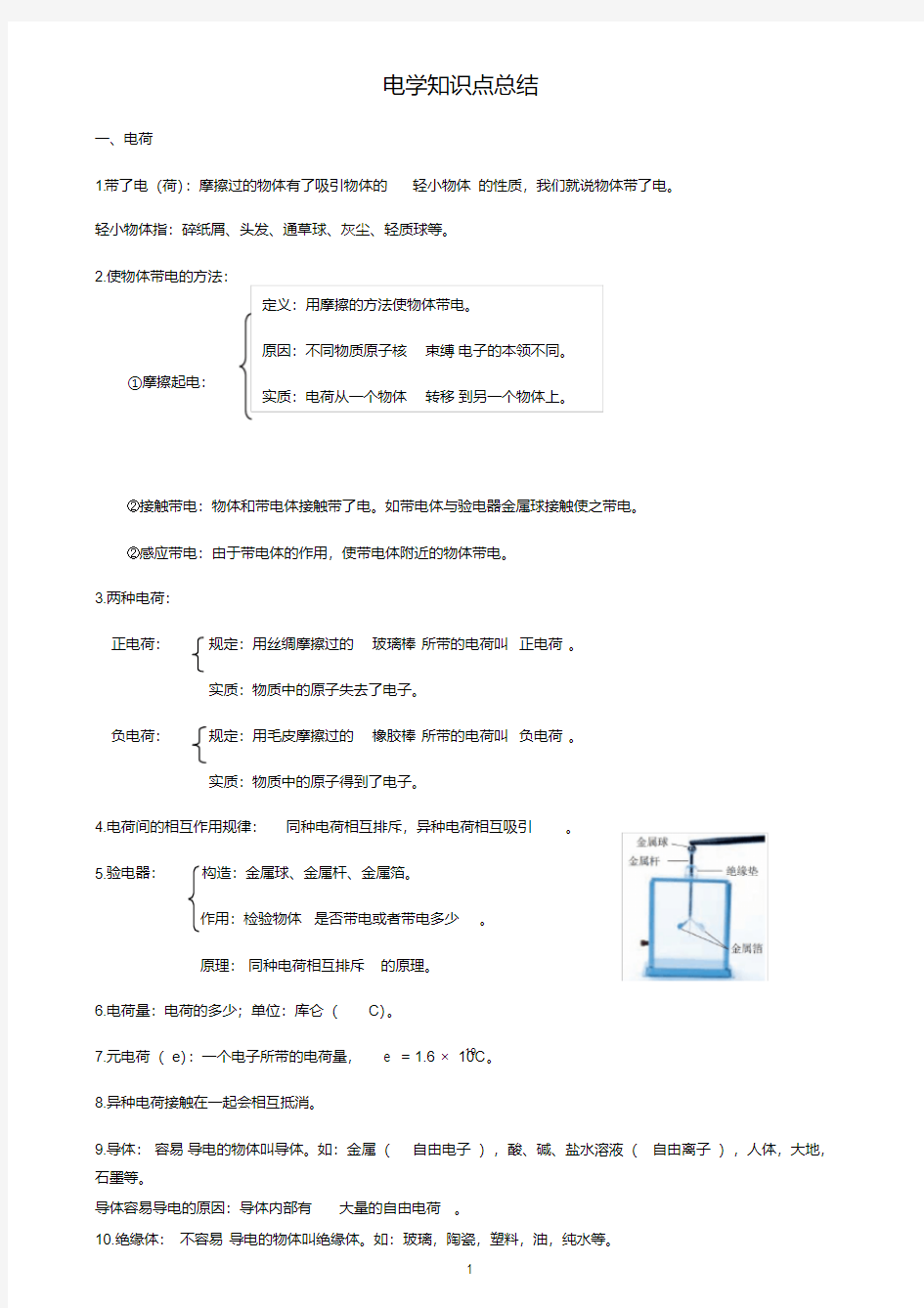 人教版九年级物理电学知识点总结