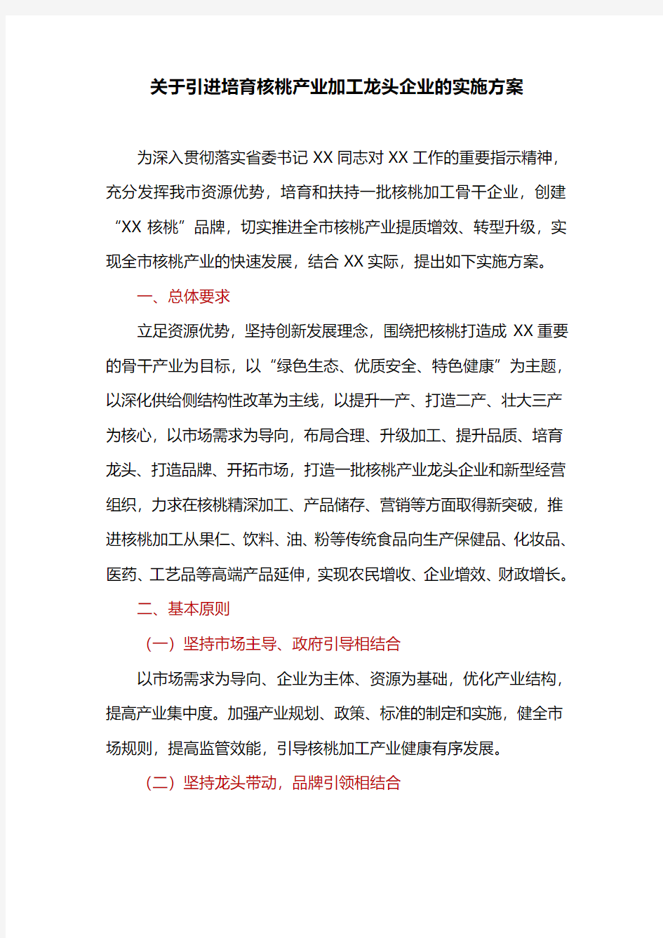 关于引进培育核桃产业加工龙头企业的实施方案