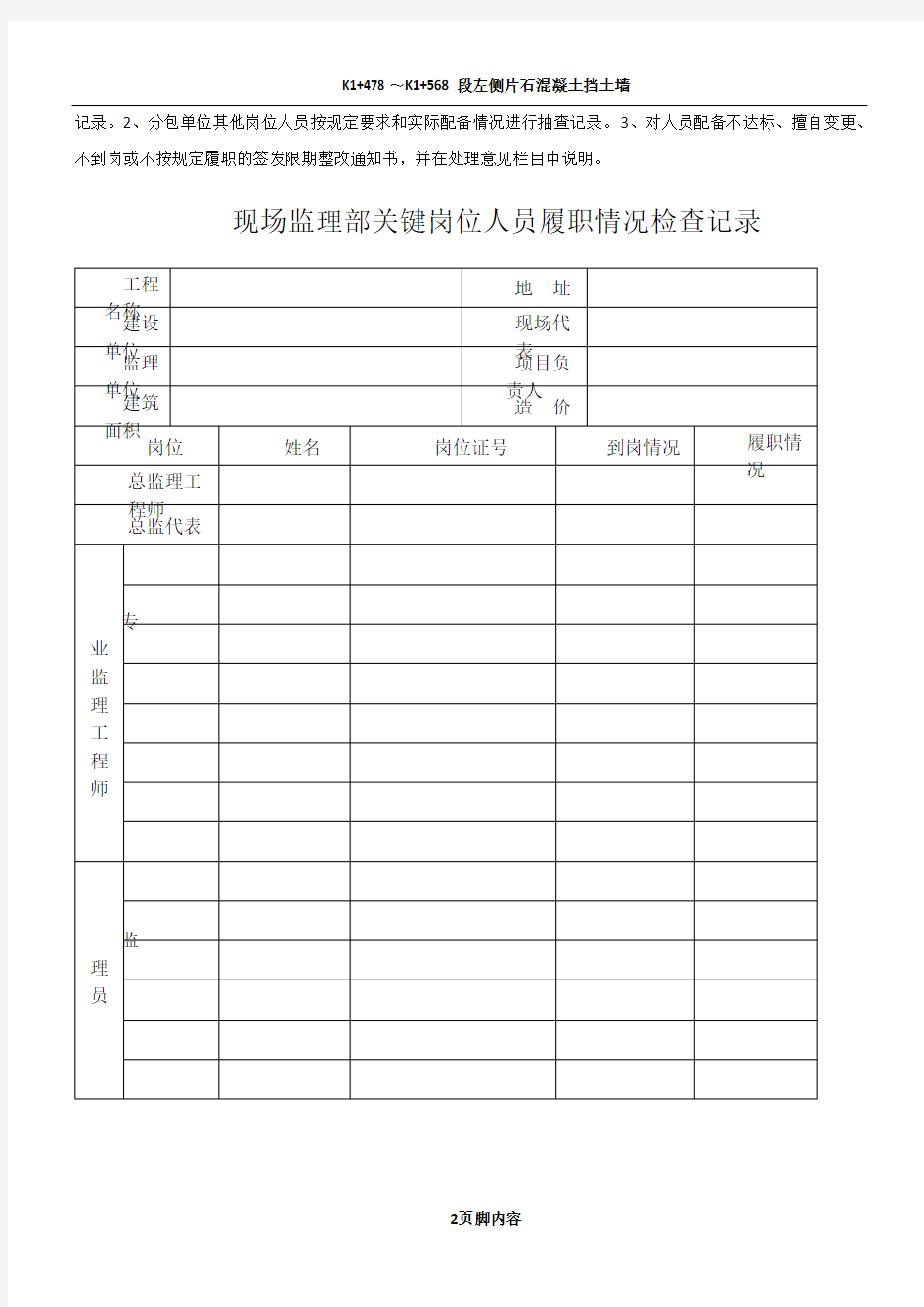 关键岗位人员履职检查记录表2