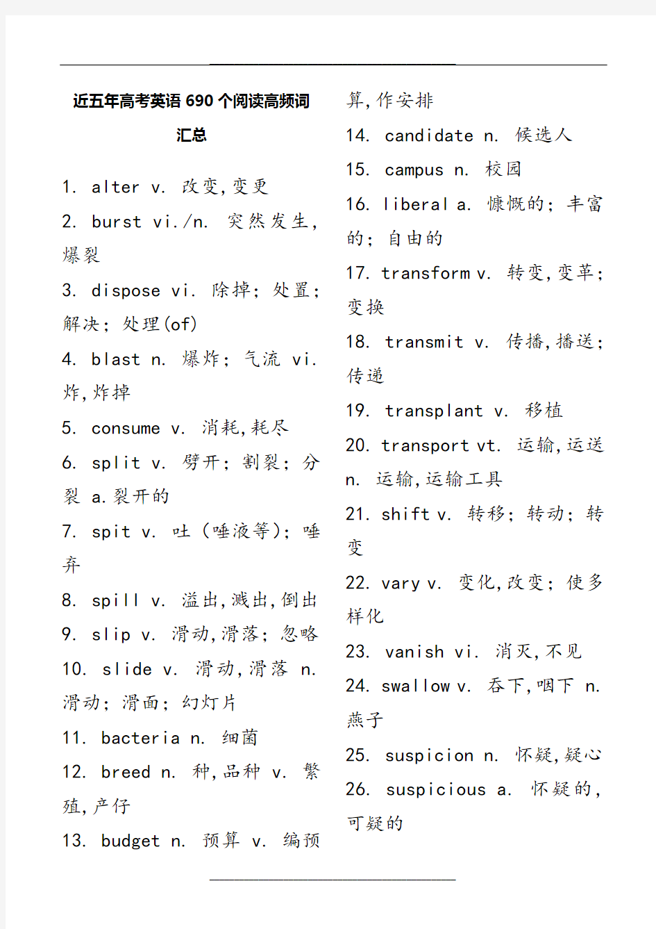 近五年高考英语690个阅读高频词汇总