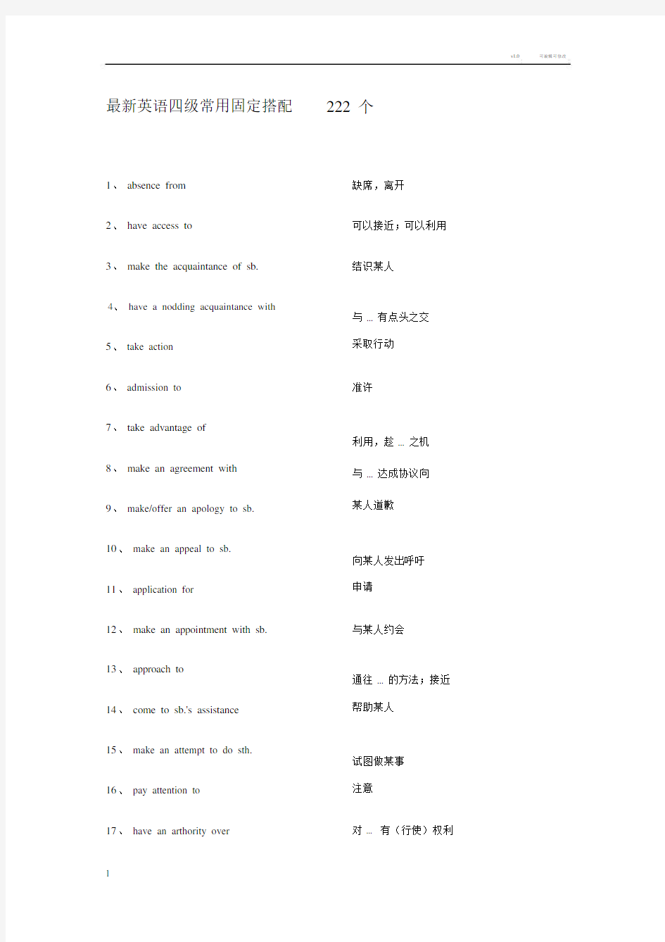 英语四级常用固定搭配222个.doc