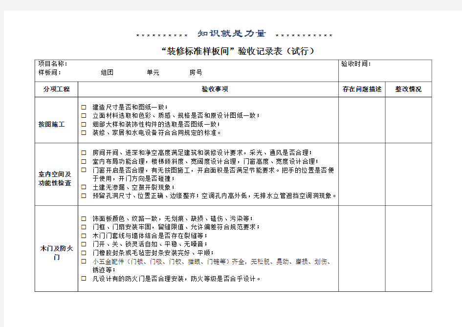 “装修标准样板间”验收记录表