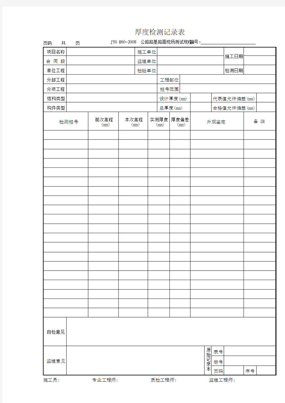 厚度检测记录表