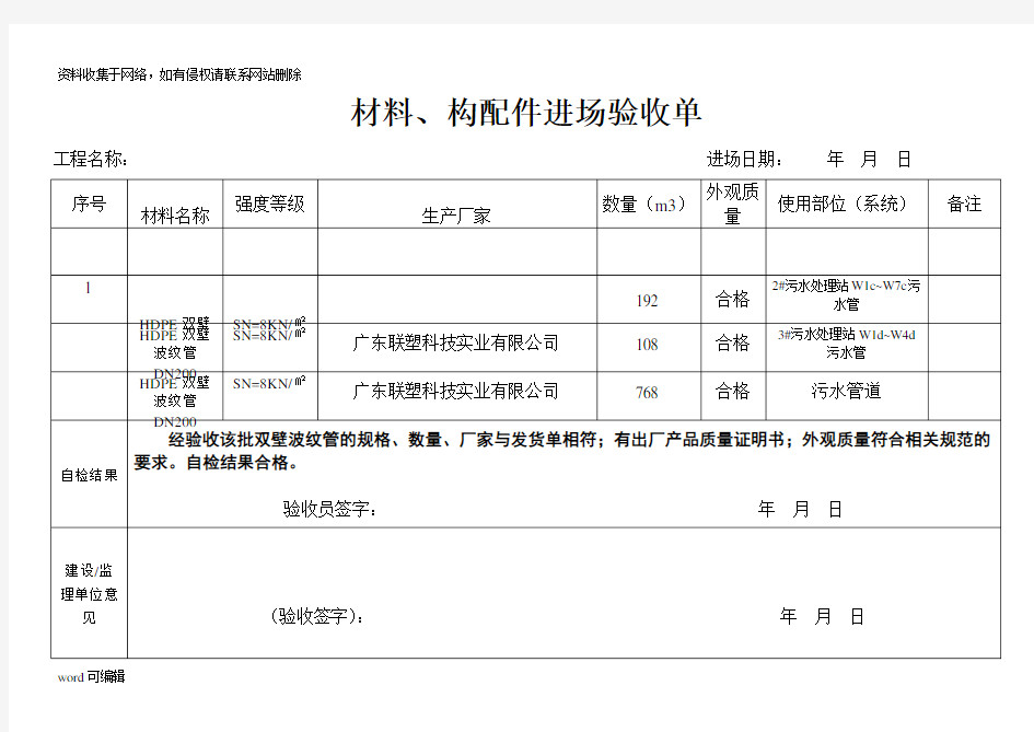 材料进场验收单资料