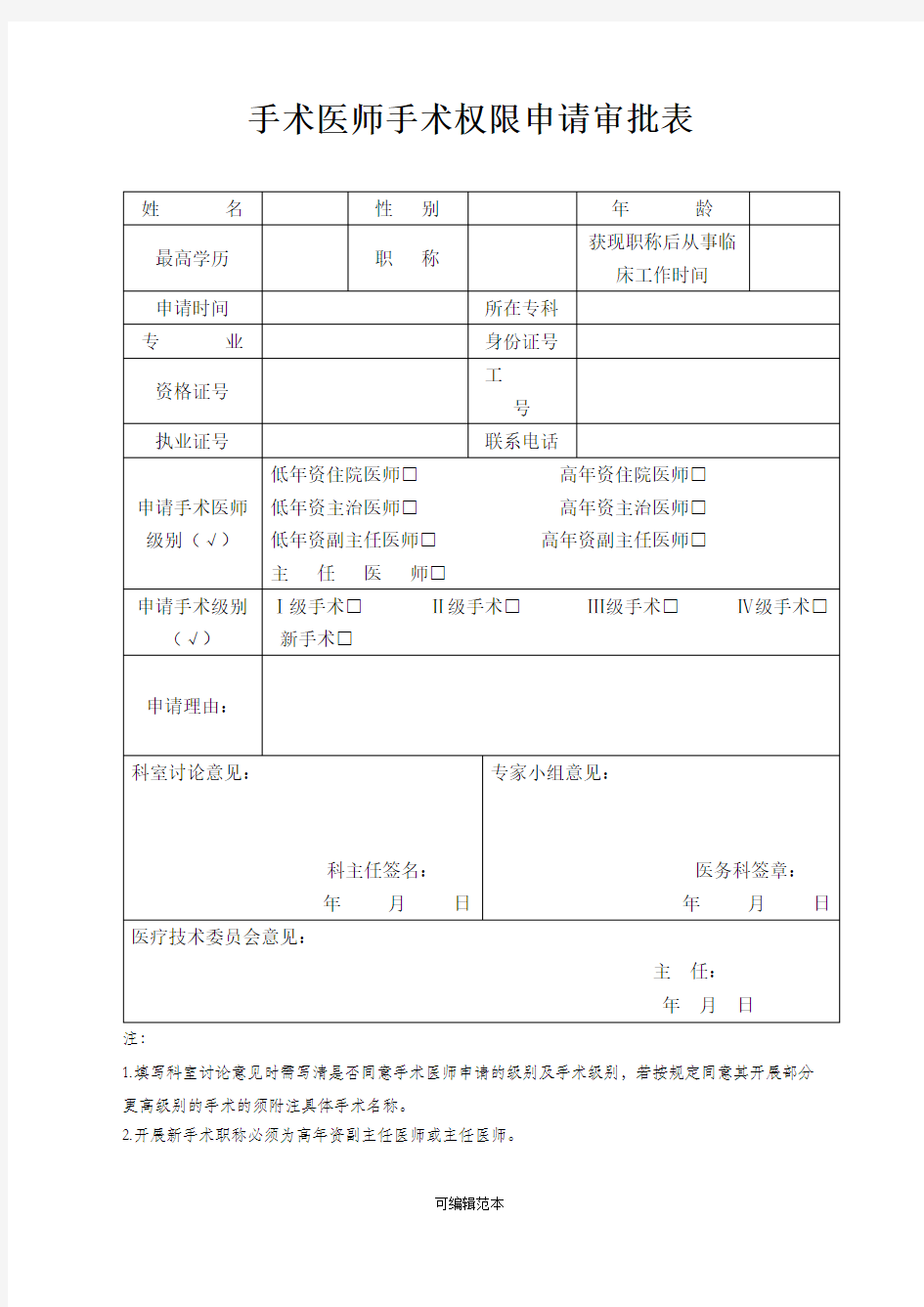 手术权限申请审批表及手术资质授权书