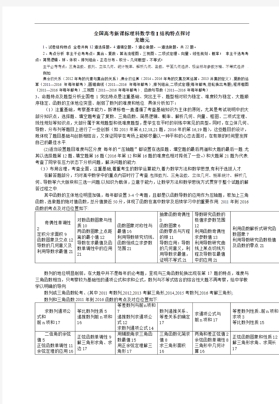 试卷结构考点及题型分析