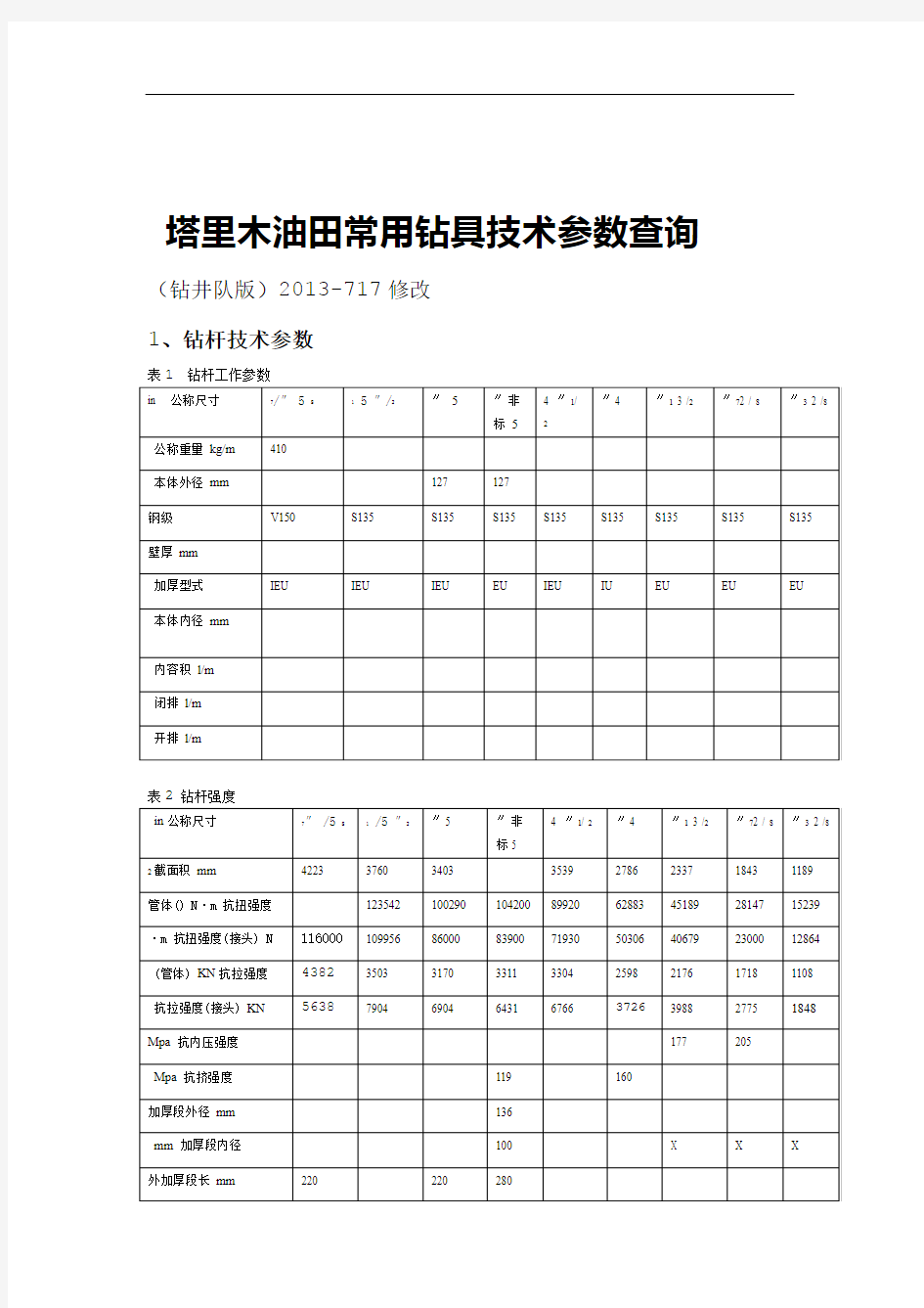 钻具常用技术参数查询钻井队版