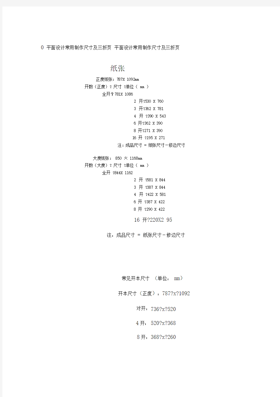 平面设计常用制作尺寸及三折