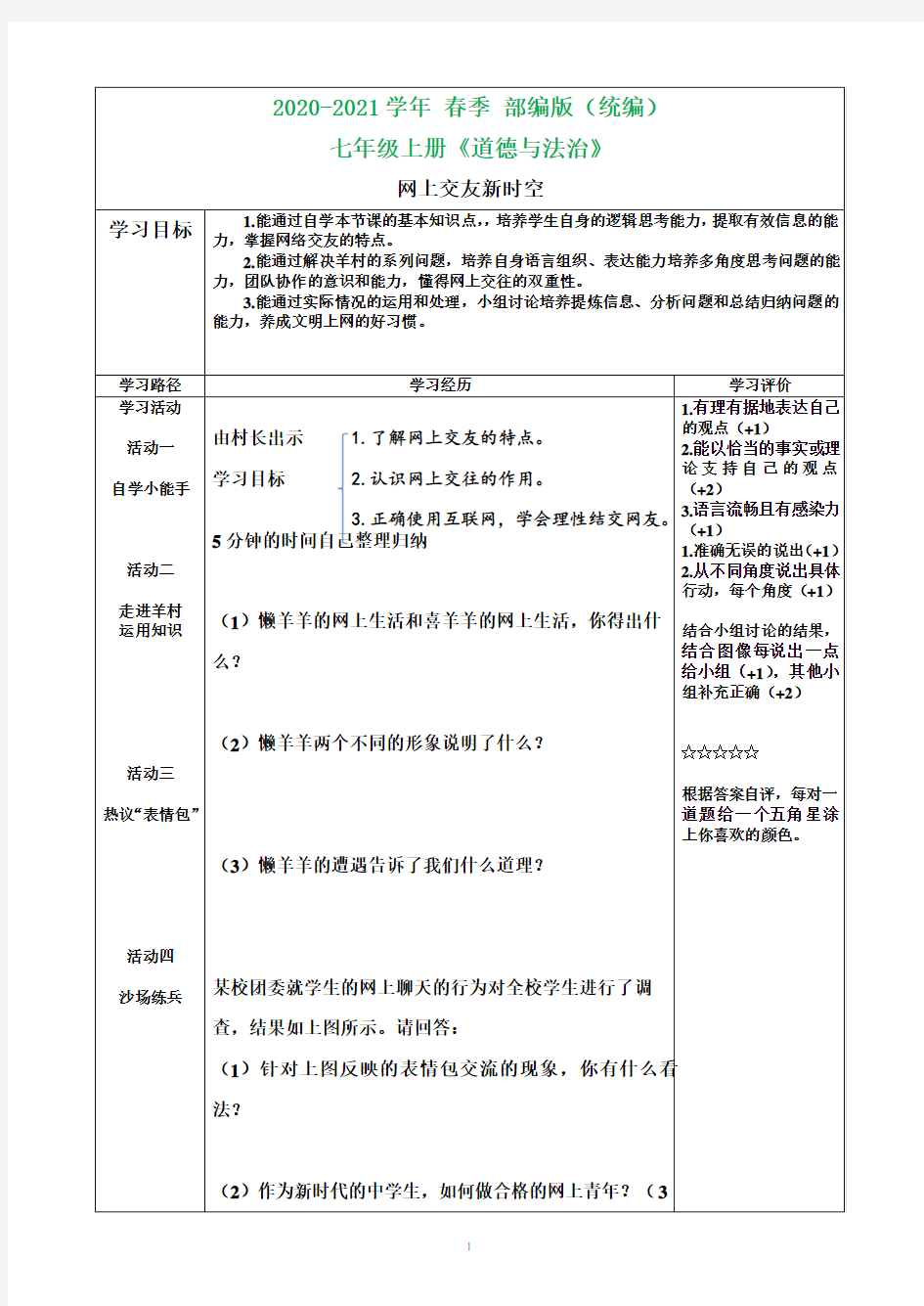 2020-2021学年部编版七年级道德与法治 网上交友新时空-教学设计