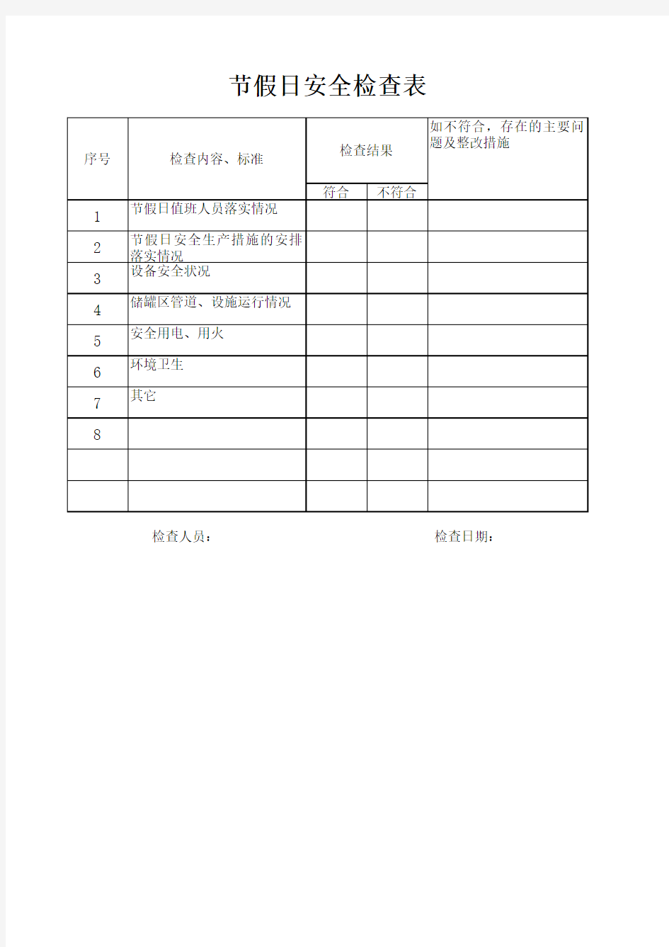 公司企业节假日安全检查表