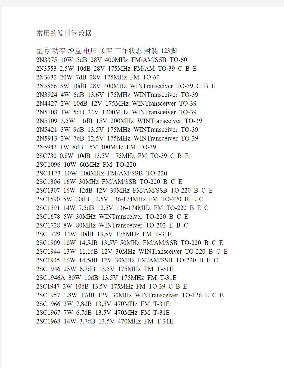 常用的高频大功率发射管数据