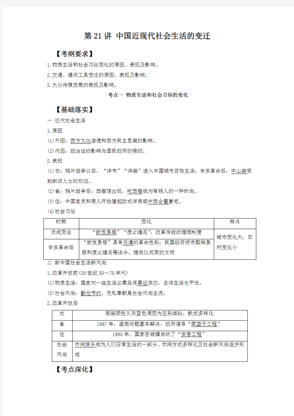 【高考历史必修一】8.21中国近现代社会生活的变迁(解析版)