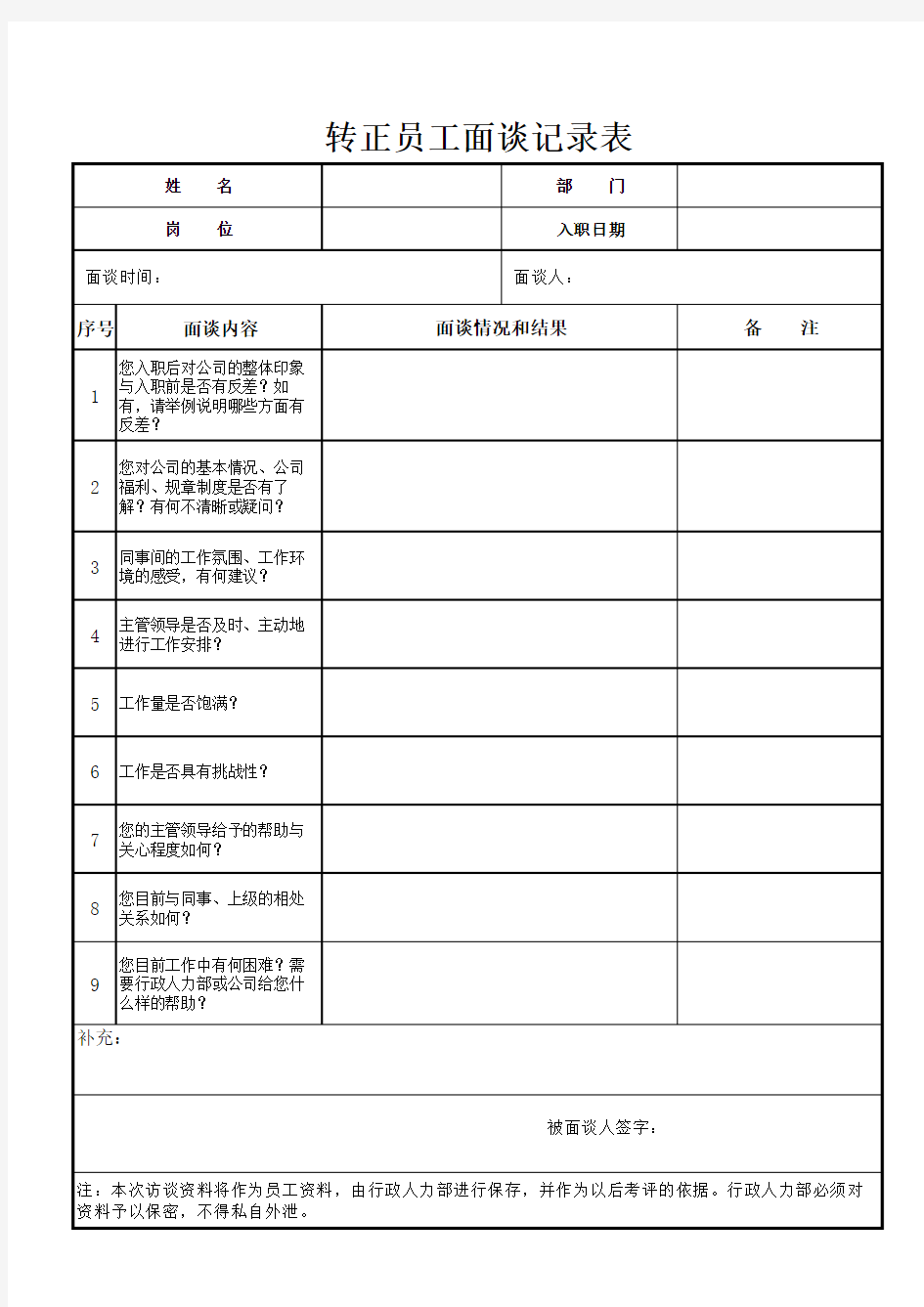 转正员工面谈记录