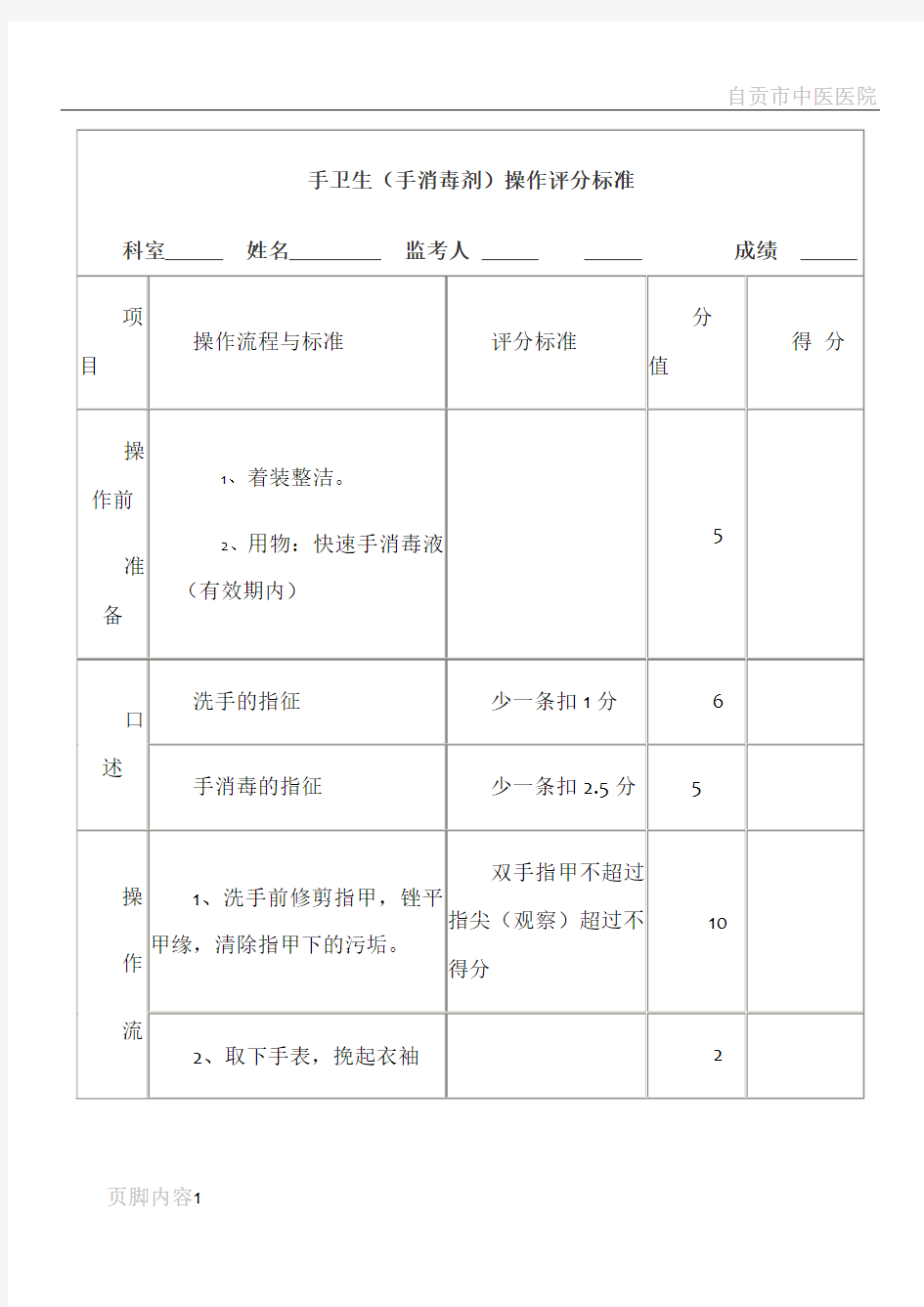 洗手操作考核评分标准