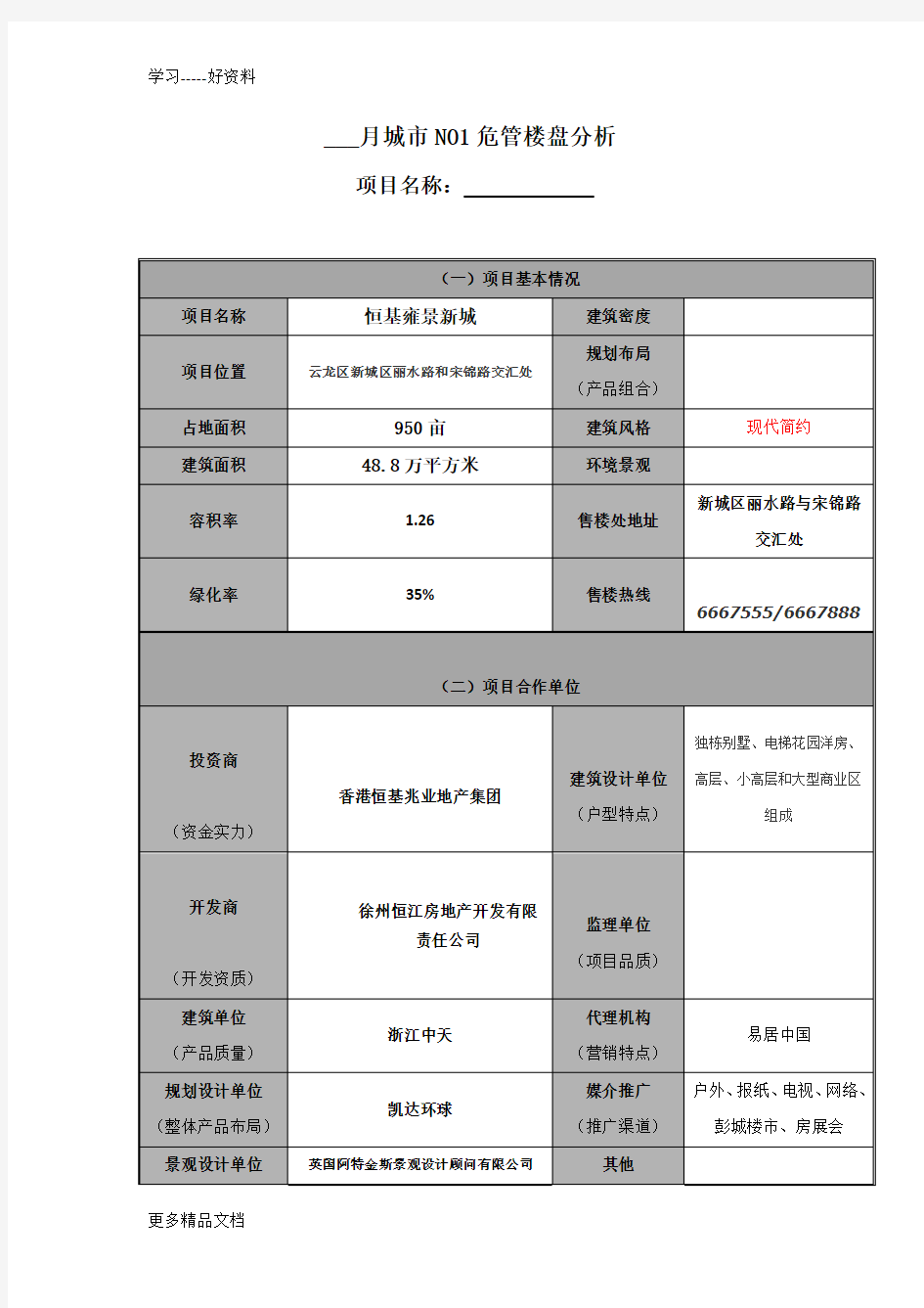 重点竞品楼盘分析——模板教案资料