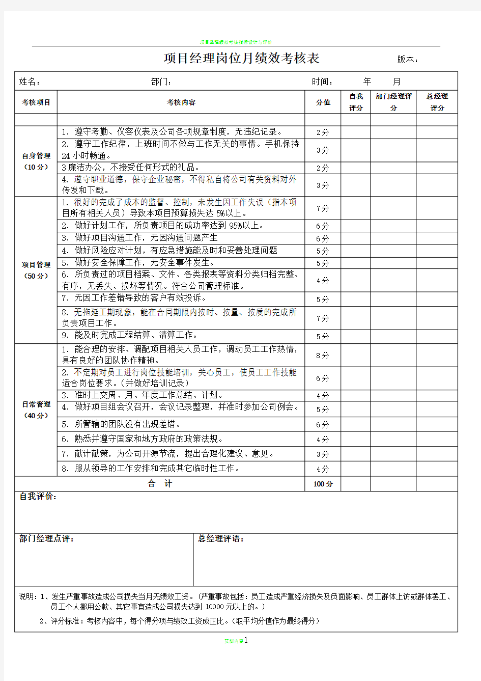 项目经理绩效考核表