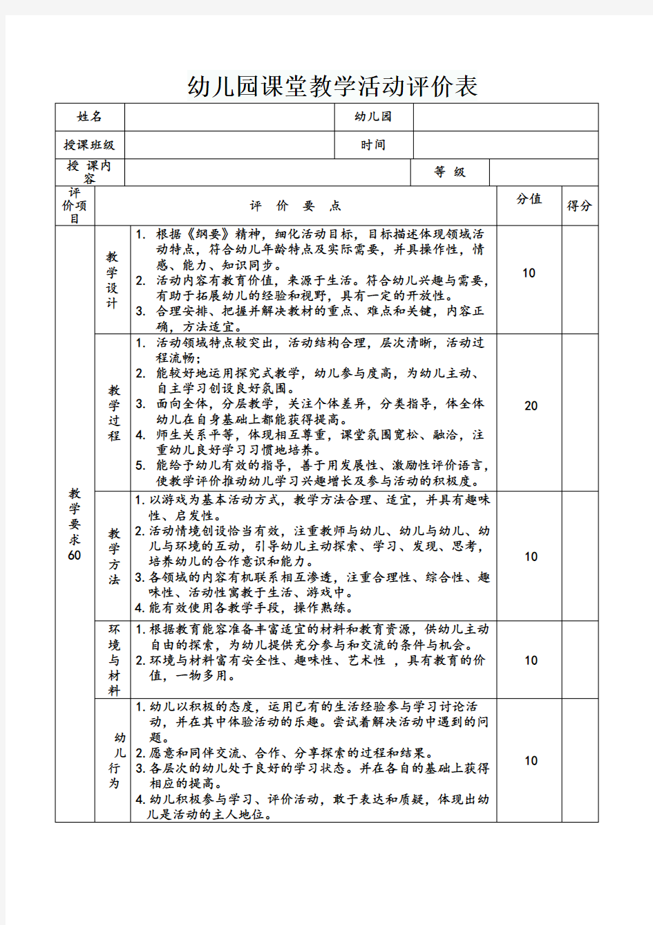 课堂教学活动评价表