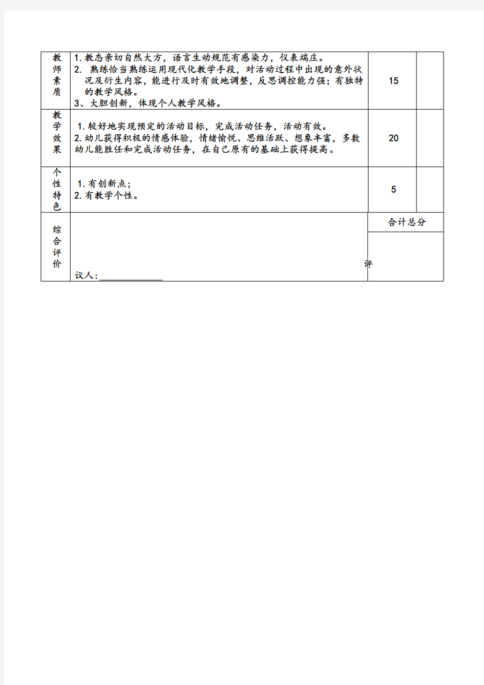 课堂教学活动评价表