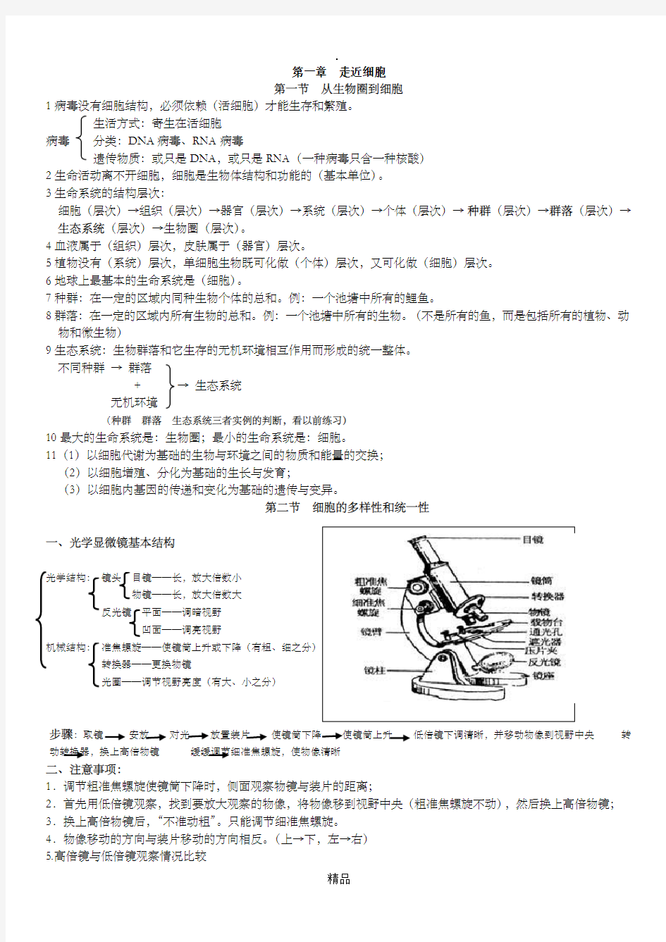 高中生物必修一第一章知识点总结