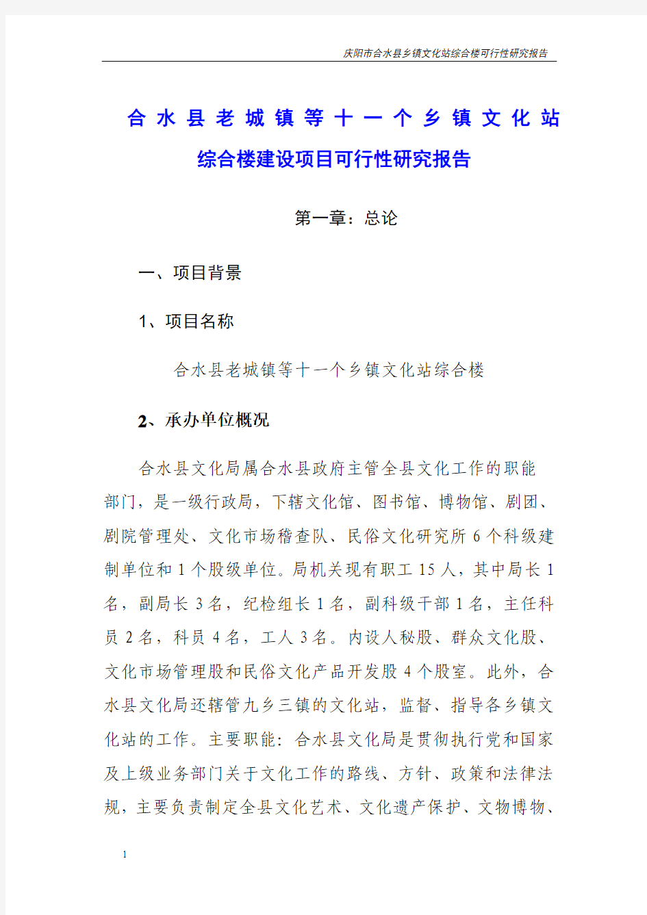 合水县老城镇等十一个乡镇文化站综合楼建设项目可行性研究报告