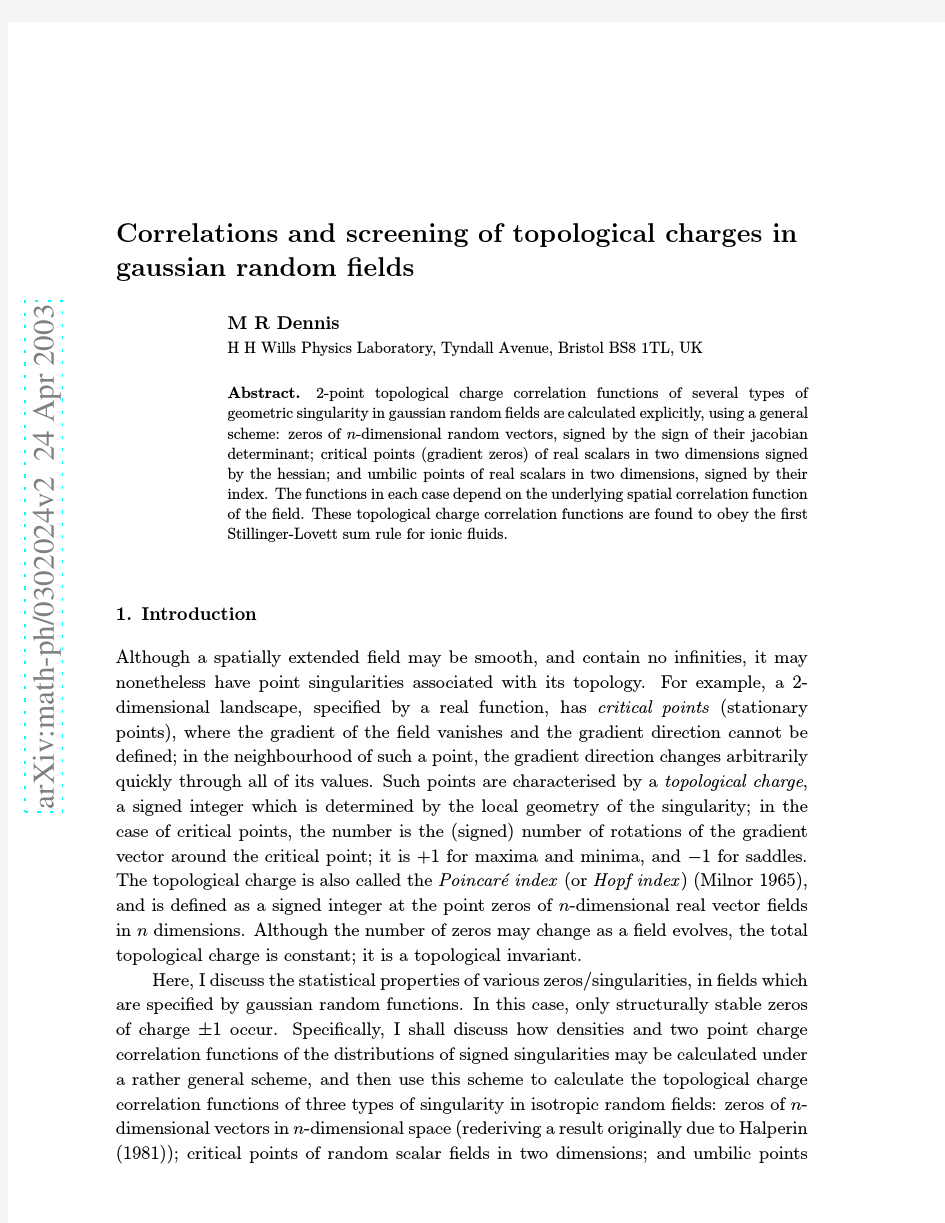 Correlations and screening of topological charges in gaussian random fields