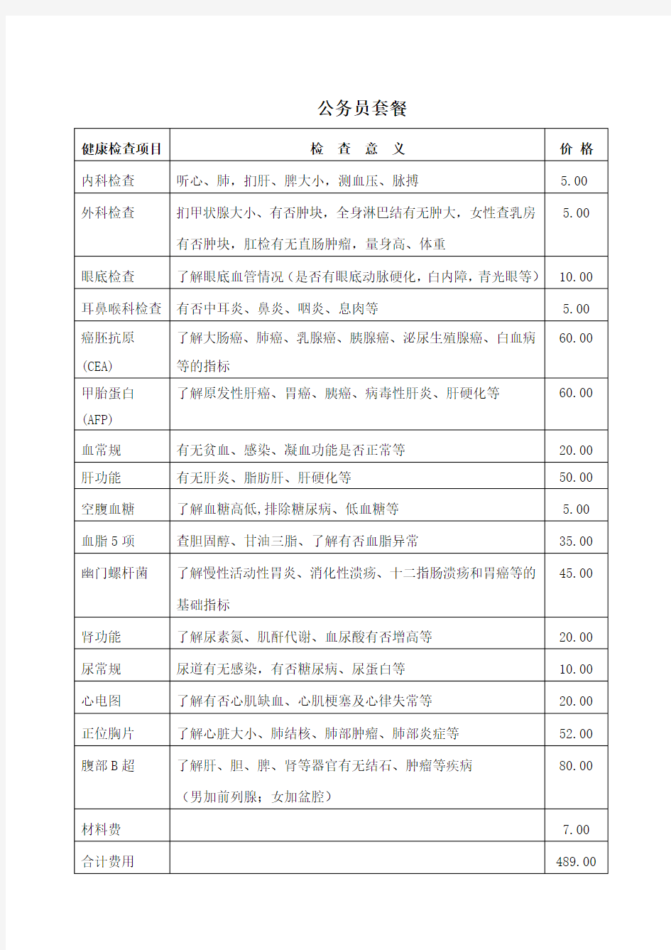 公务员体检项目