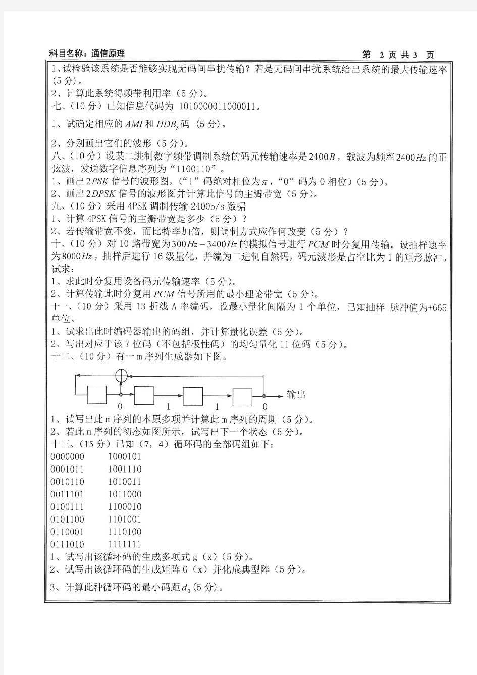 2012年沈阳工业大学考研试题832通信原理