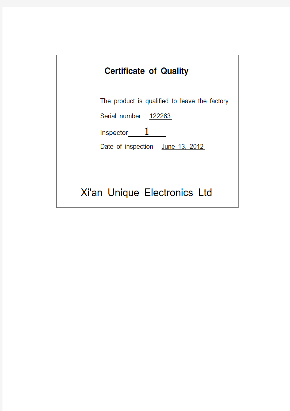 Certificate of Quality