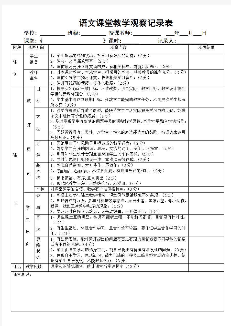 小学语文学科课堂观察