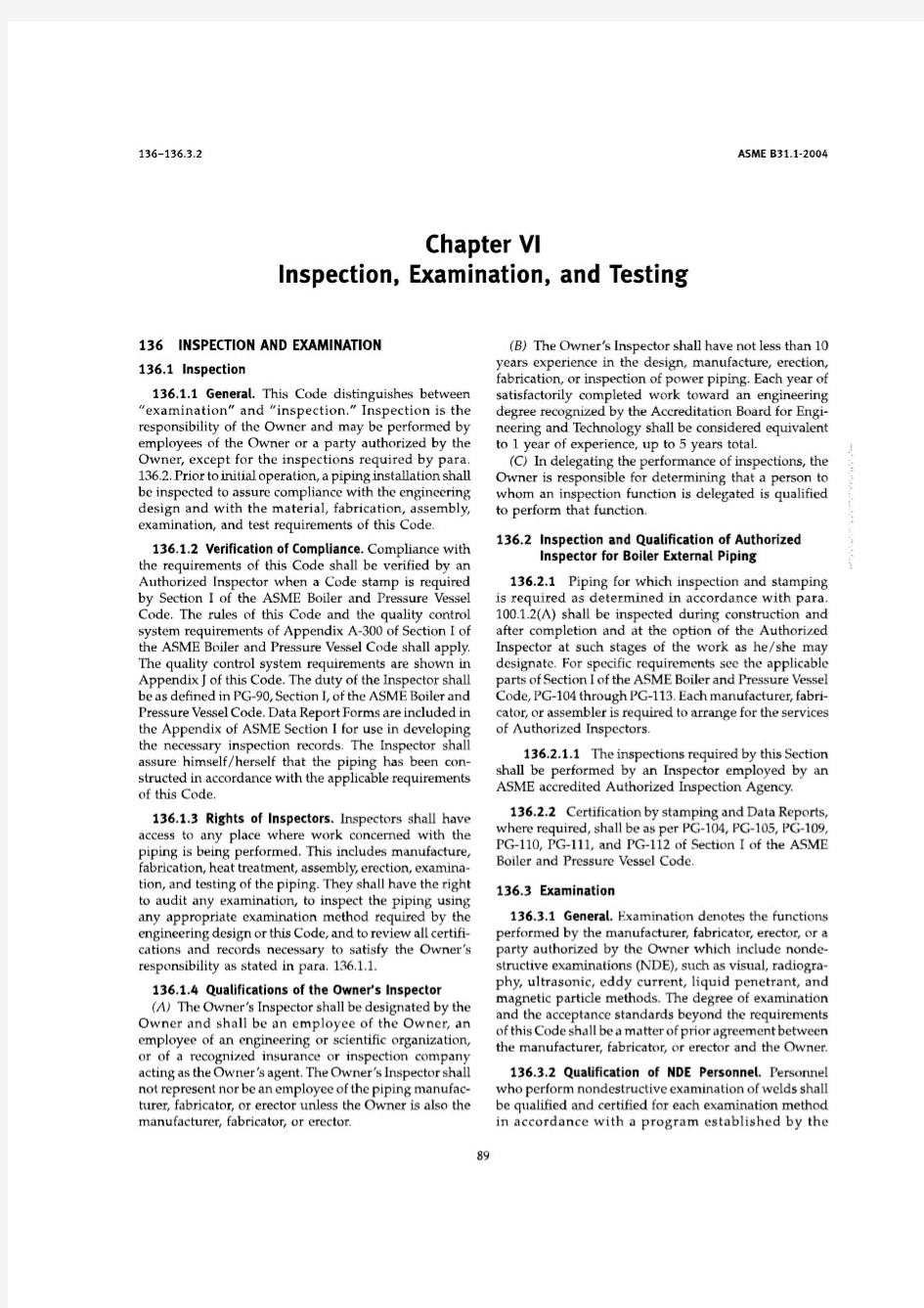 ASME B31.1-2004 Power Piping Chapter VI Inspection Examination and Testing