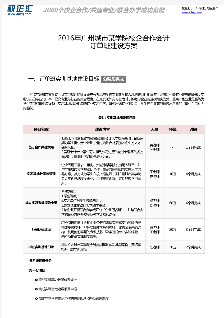 2016年广州城市某学院校企合作会计订单班建设方案