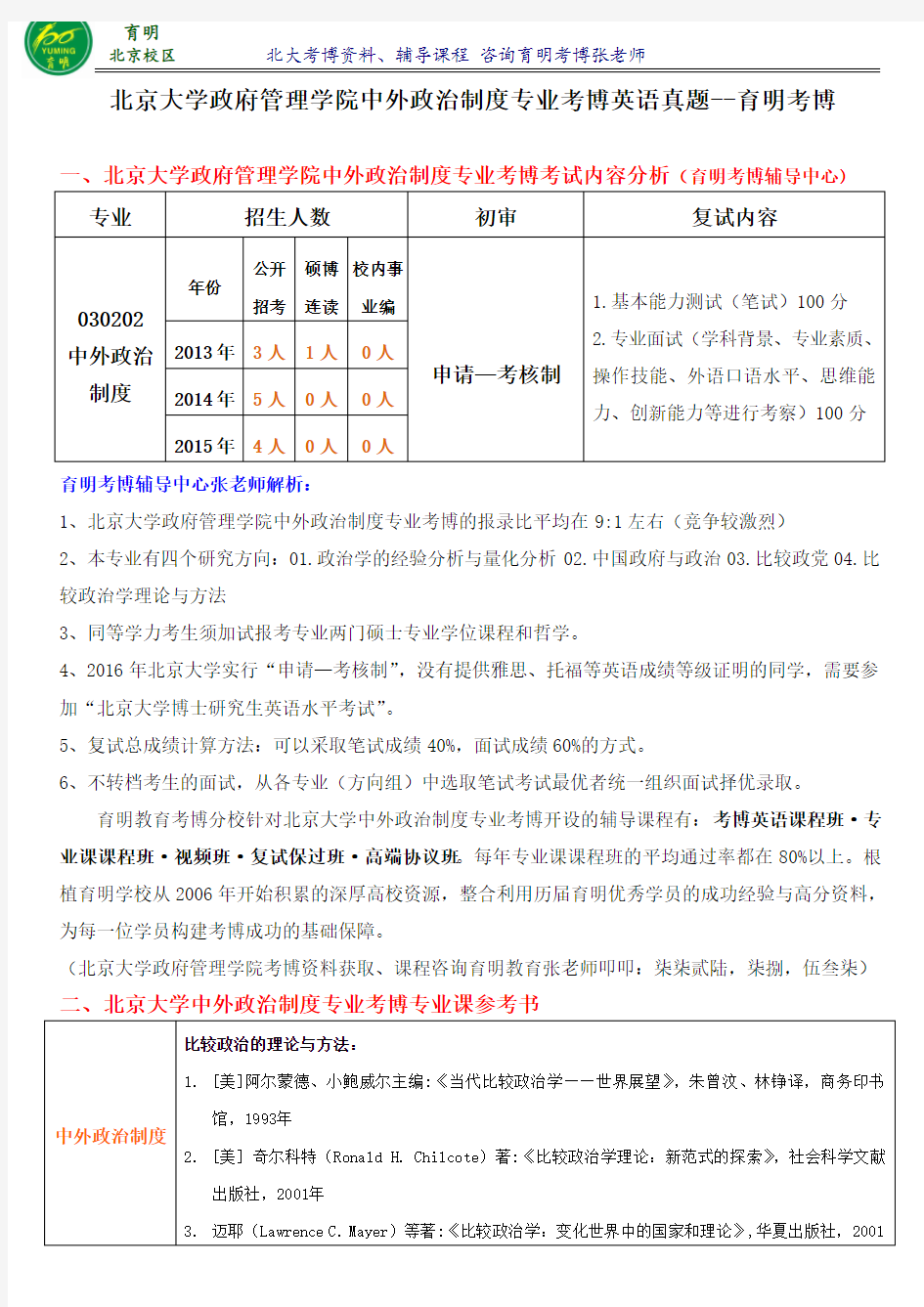 2016年北京大学中外政治制度考博报录比-育明考博