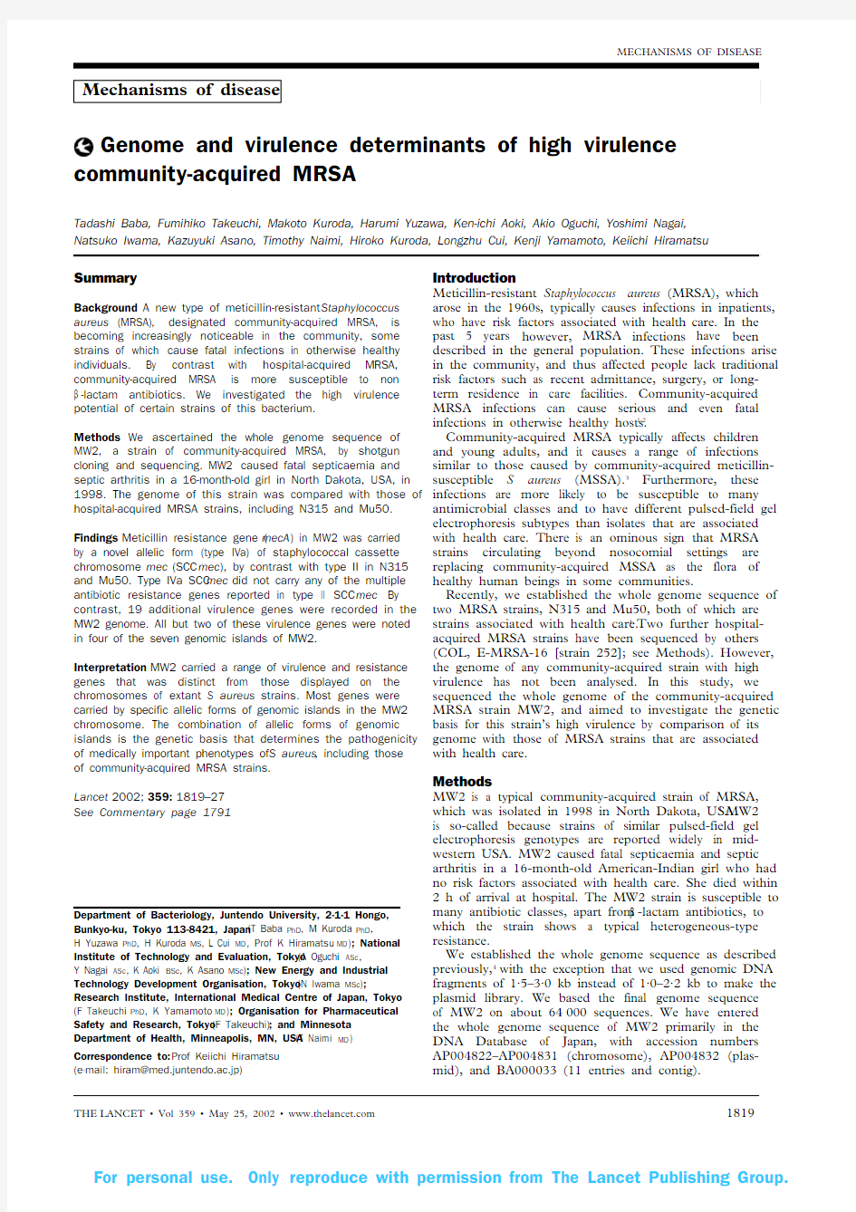 Genome and virulence determinants of high virulence community-acquired MRSA