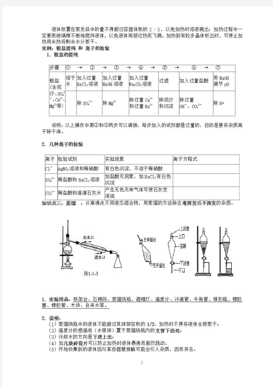 化学必修1第一章从实验学化学  知识点