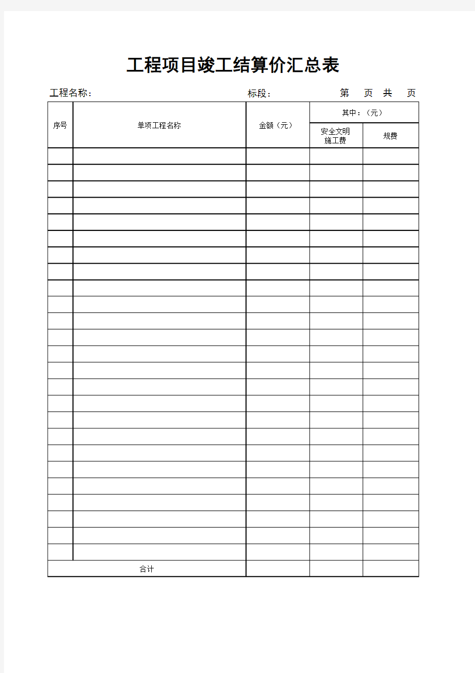 工程项目竣工结算价汇总表