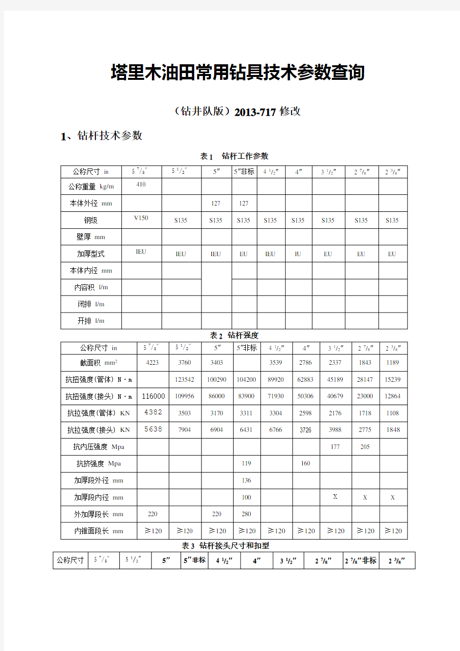 钻具常用技术参数查询钻井队版