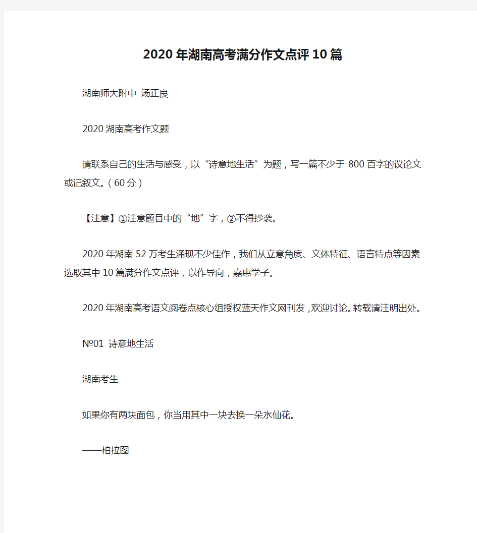 2020年湖南高考满分作文点评10篇