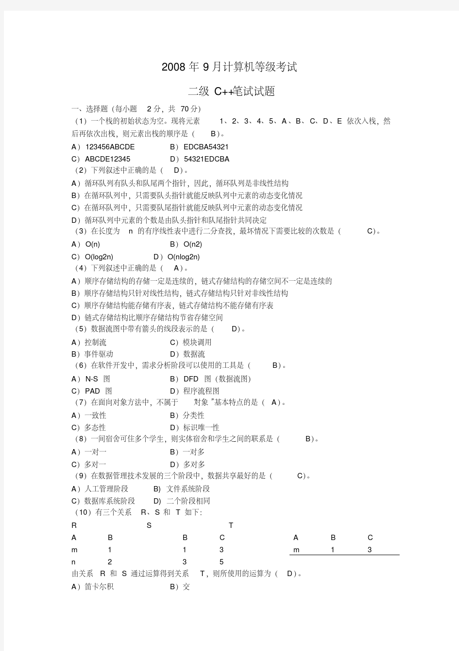 2008年9月计算机等级考试二级C++笔试试题与答案