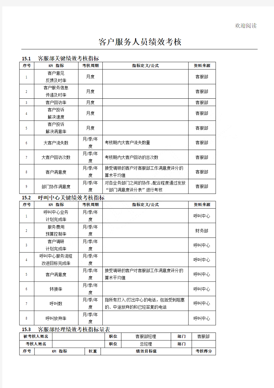 客户服务人员绩效考核办法