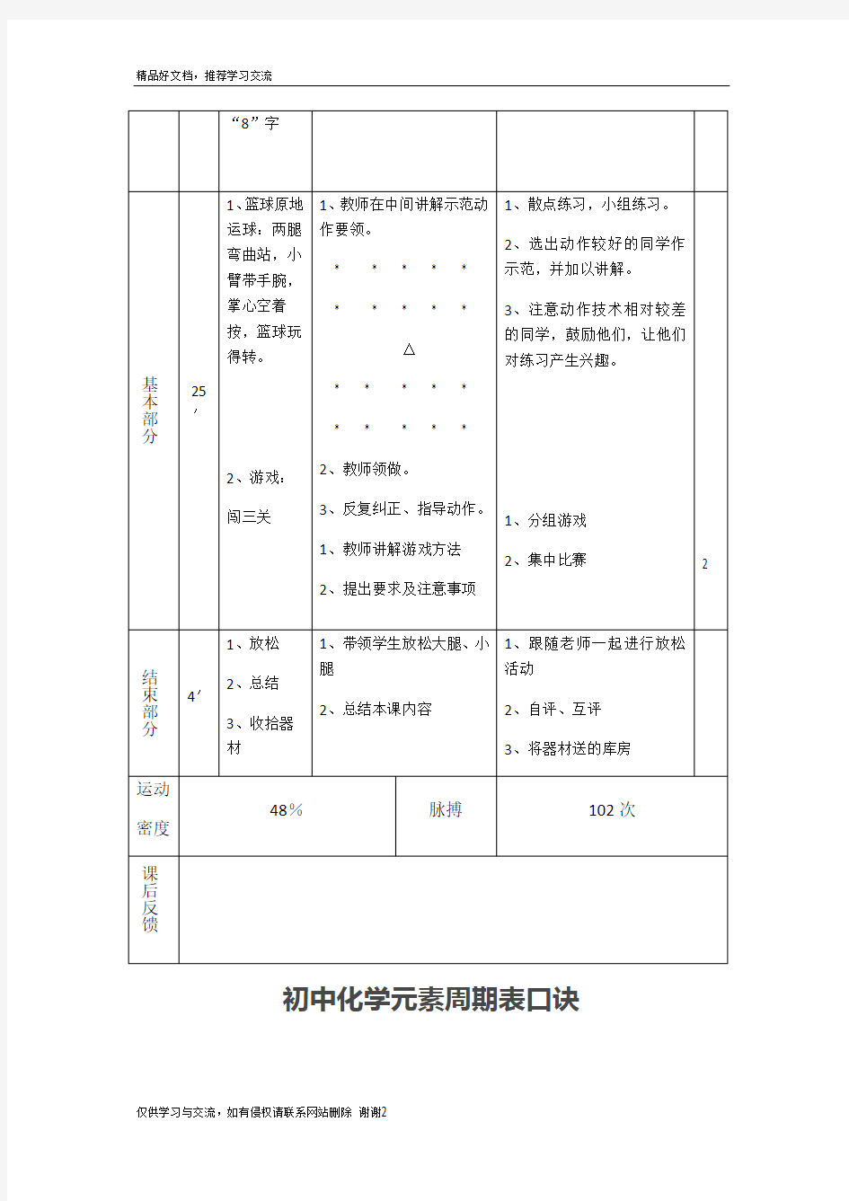 最新小学生篮球原地运球教案