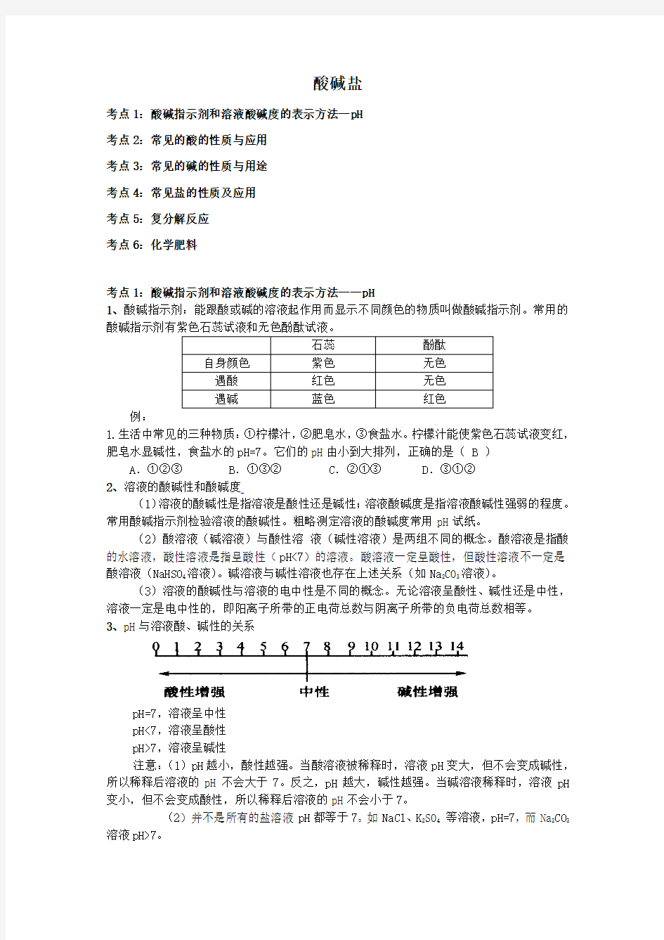 初中化学酸碱盐考点分析