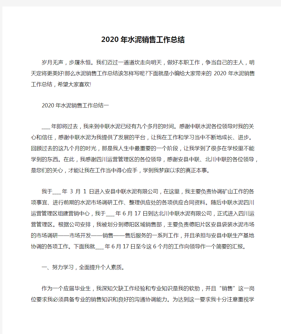 总结范文-2020年水泥销售工作总结