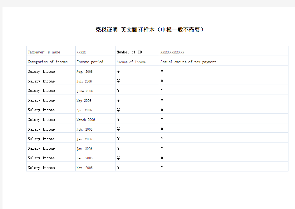完税证明 英文翻译样本