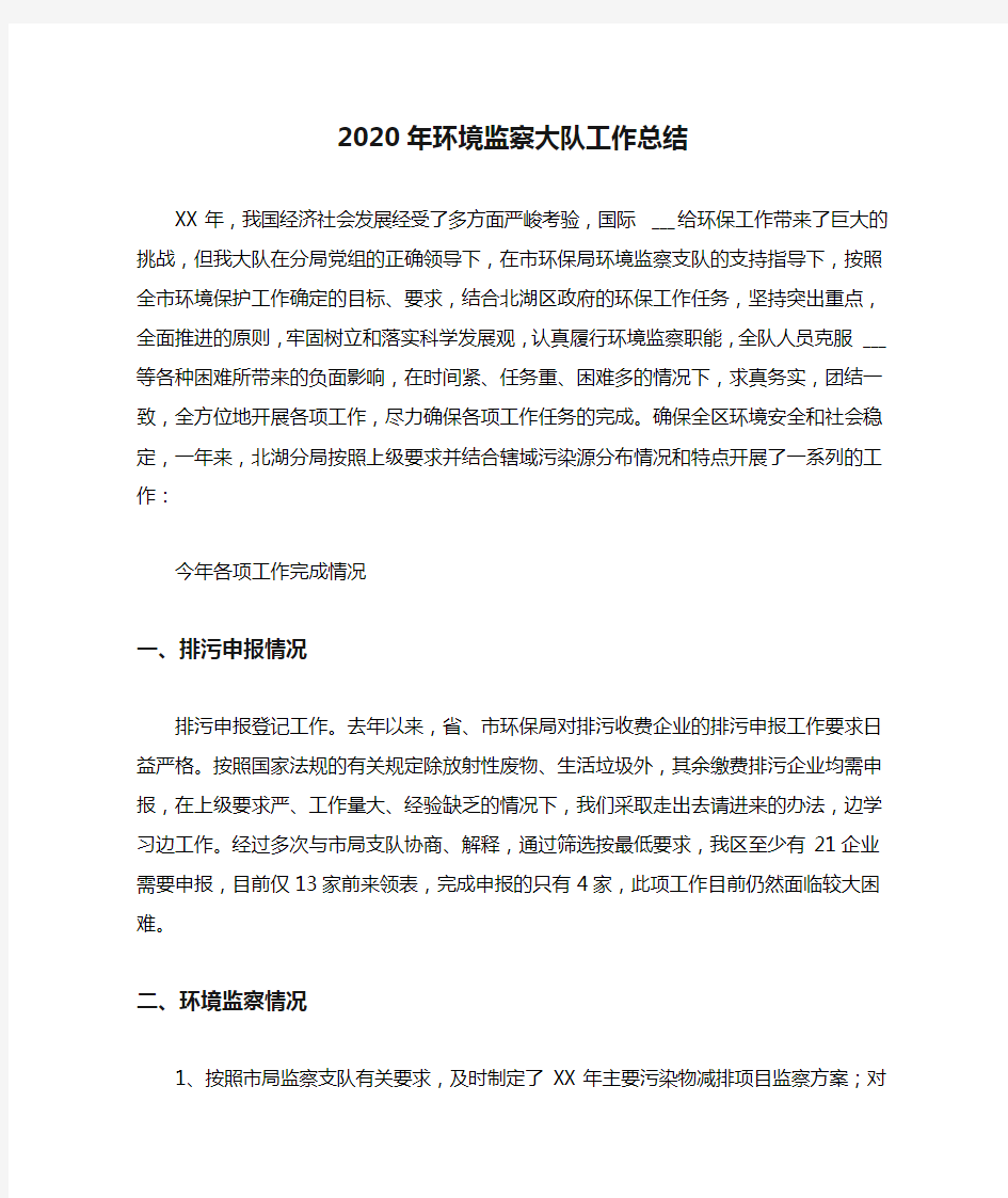 2020年环境监察大队工作总结