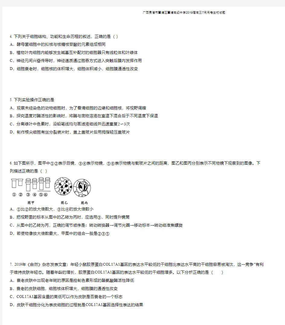 广西贵港市覃塘区覃塘高级中学2019届高三7月月考生物试题