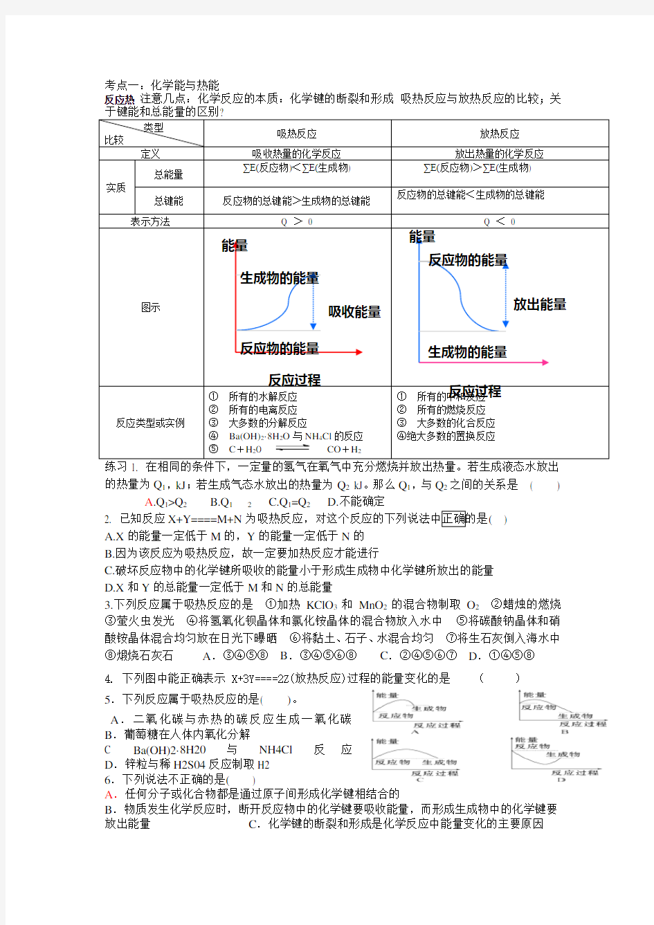 化学能与热能、键能的知识点