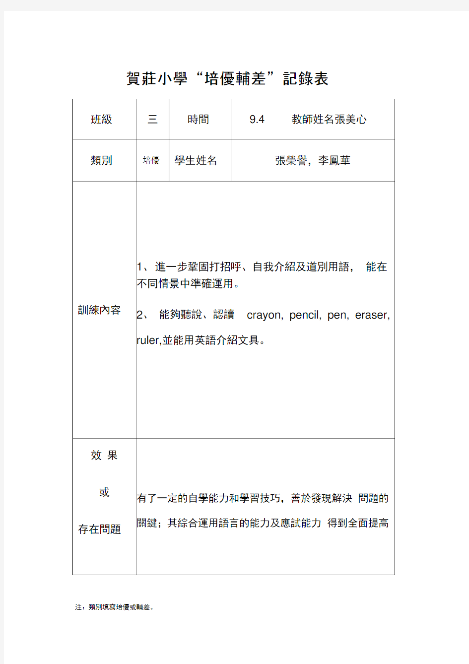 小学英语培优辅差记录表