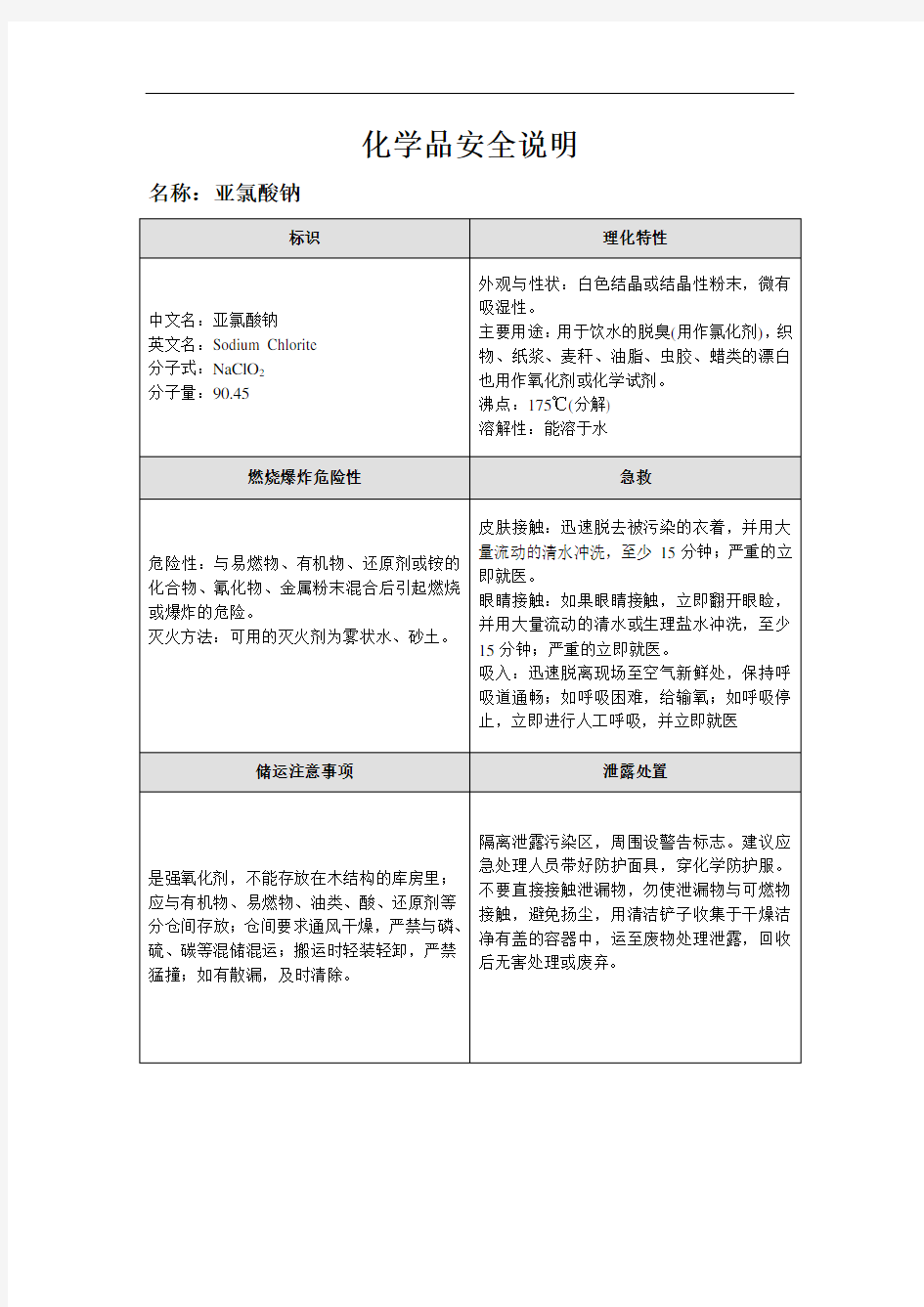 化学品安全说明：msds-亚氯酸钠