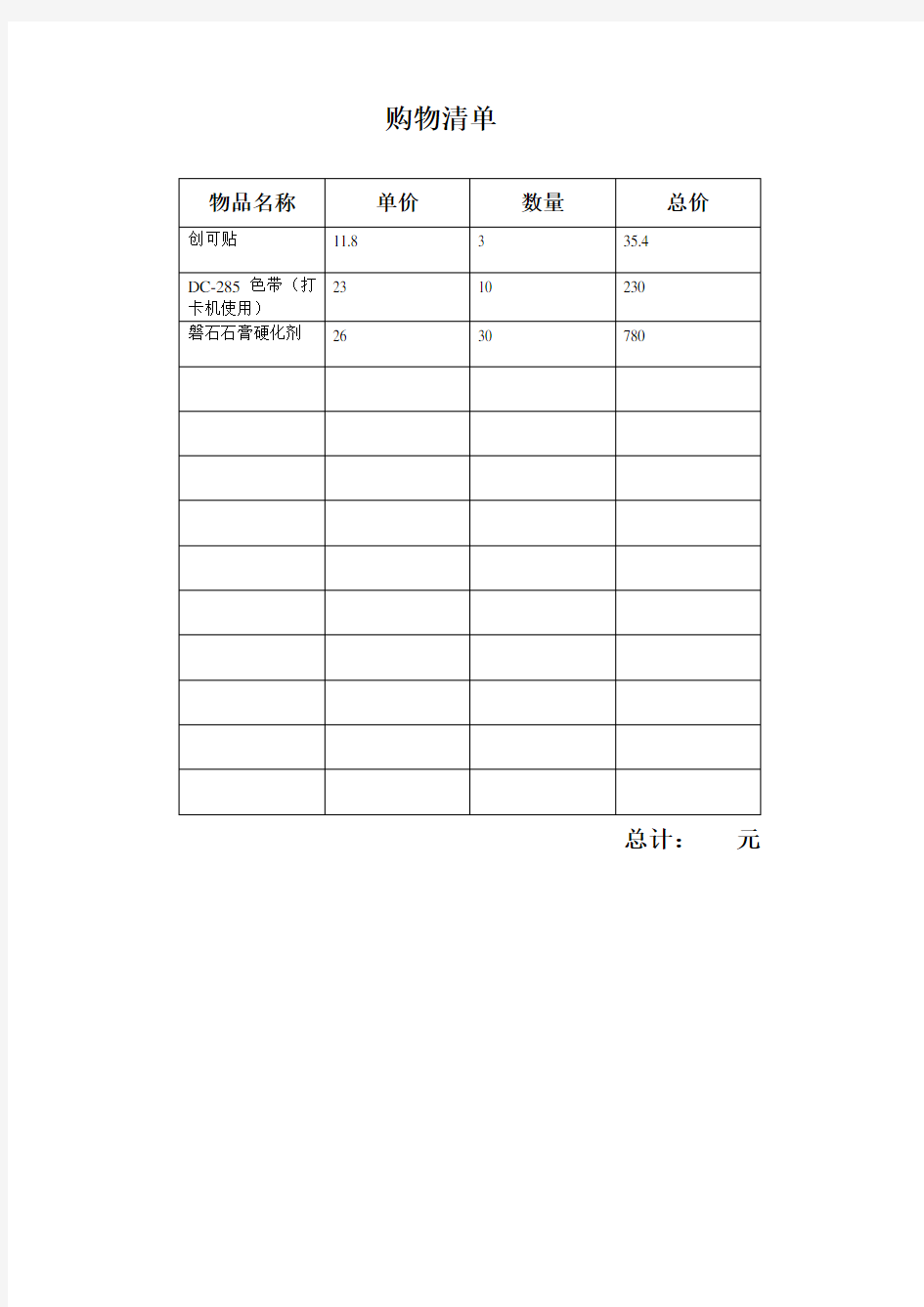 (完整word版)购物清单模板