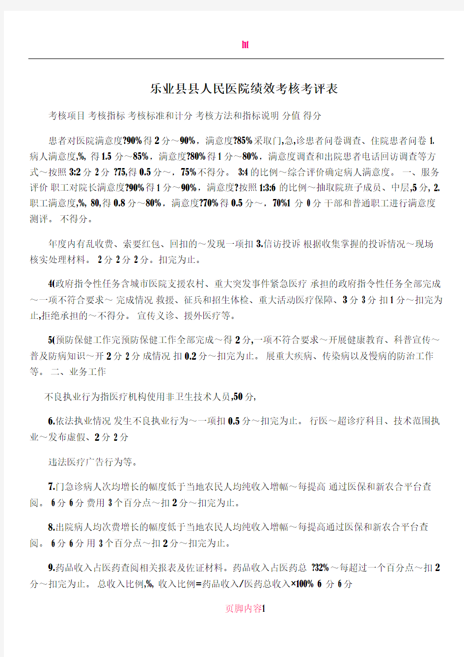 乐业县县人民医院绩效考核考评表